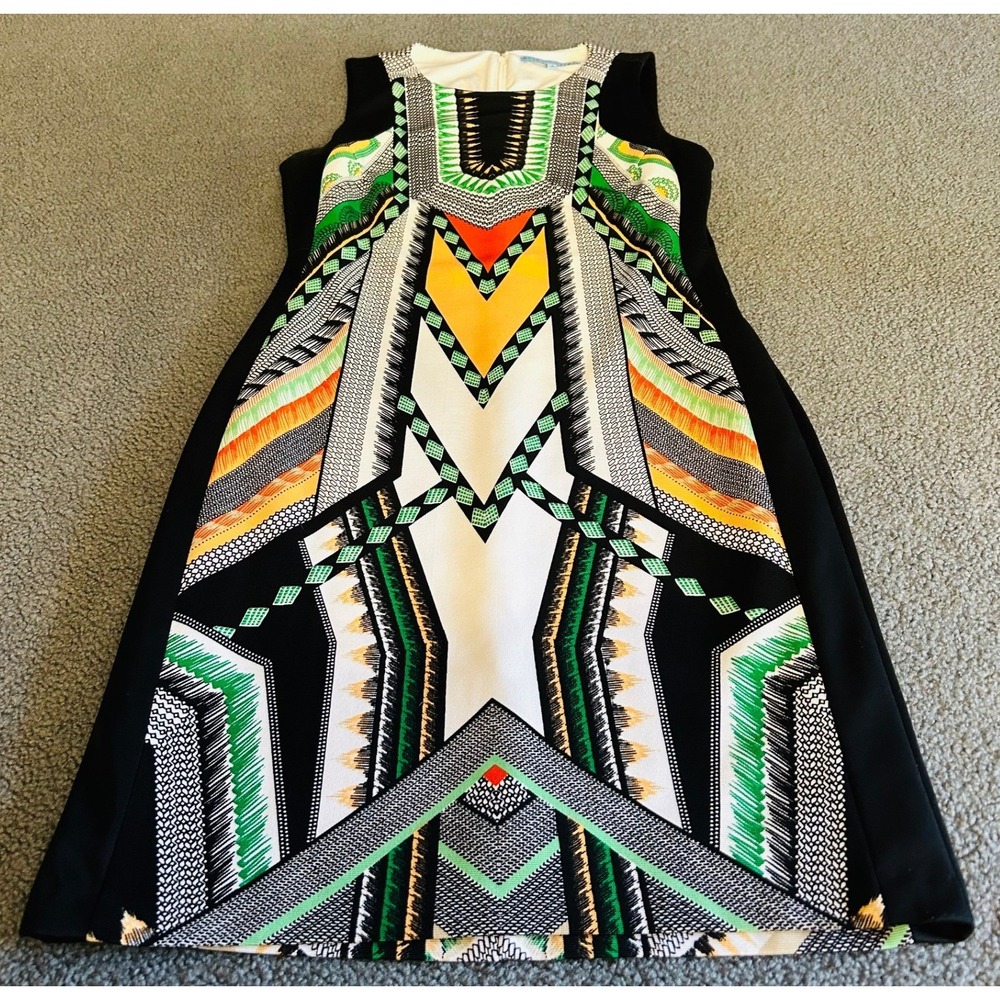 Antonio Melani Dress Womens Small Geometric Embroidered Sheath Black Green White